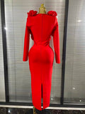 Red Color Women Long Sleeve Sexy V-Neck Florals Golden Sequined Bodycon Long Bandage Dress Winter Celebrate Evening Outfit