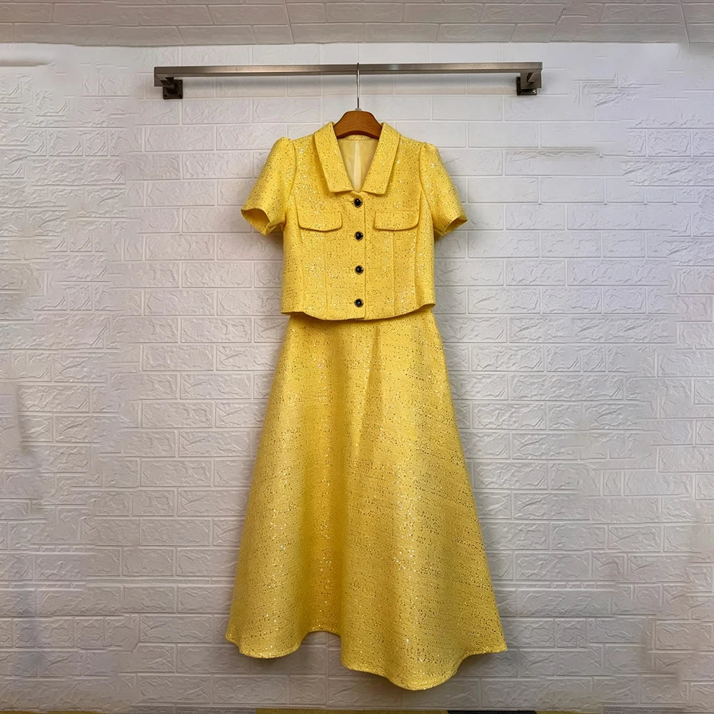 Office Sequin Tweed Two Piece Sets for Women Lapel Short Sleeve Cropped Jacket High Waist Midi A Line Skirt Formal Outfit