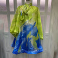 Abstract Brush Print Mini Dress for Women  Bow Tie Neck Lantern Long Sleeve Sheer Organza Loose A Line for vacation shopping