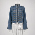 Cropped Denim Jacket Women Stand Collar Bell Sleeves Double Breasted Splicing Retro Fashion Biker-Style Coat Autumn 2026