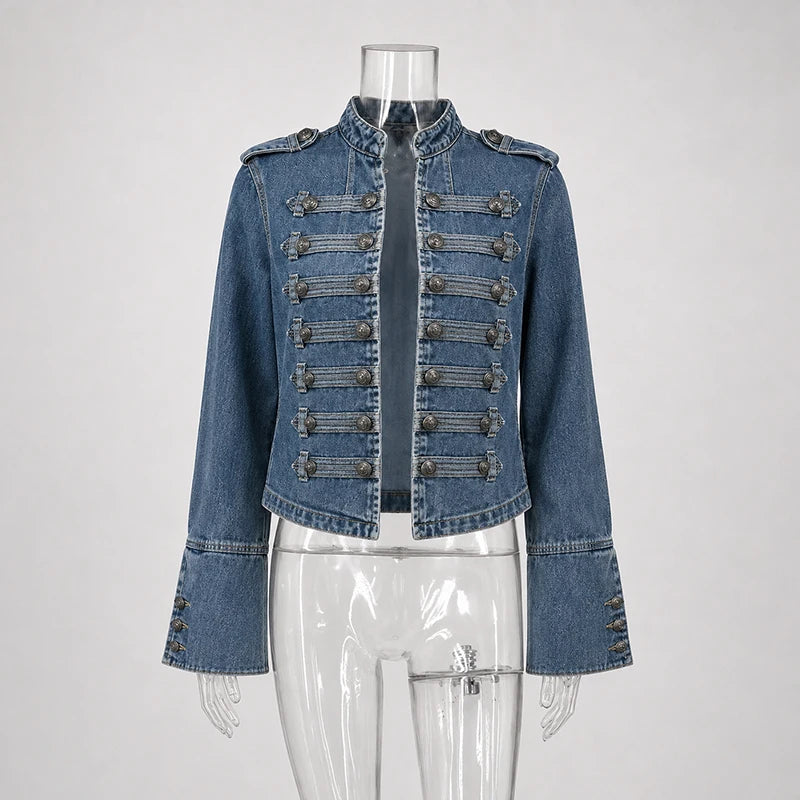 Cropped Denim Jacket Women Stand Collar Bell Sleeves Double Breasted Splicing Retro Fashion Biker-Style Coat Autumn 2026