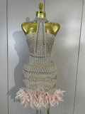 Woman Evening Party Club Cocktail Luxury Birthday Dresses Sparkly Diamonds Pearl Feathers Sleeveless Bodycon Short Bandage Dress