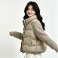 Women Cropped Puffer Jacket Stand Collar Cable Knit Sleeves Patchwork Zip Up Lightweight 2026 Lady Quilted Winter Warm Outerwear