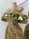 Flashing Gold Long Party Dress Luxury Diamonds Sequins See Thourgh Birthday Gown Sexy Off Shoulder Performance Singer Costume