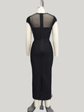 Black Burgundy Sexy Mesh Patchwork Bodycon Midi Bandage Elasticity Dress Women's Basic Fashion Club Party Vestidos