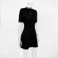 Sexy Lace Spliced Stand Collar Dress Women Summer Solid Slim High Waist Short Sleeves Leisure Dress Female Party Dress