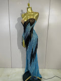 Sparkly Diamonds Tassel Long Dress Birthday Evening Party Sexy Strapless Side High Slit Mesh See Through Nightclub Stage Costume