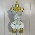 Sparkly Silver Rhinestones Tassels White Bodysuit Dress Women Sexy Eveing Party Dancer Nightclub Stage Team Performance Costume