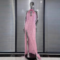Women's Glam Low-Cut High Split Sleeveless Fringed Dress Fashion Party Dinner Evening Gown Performance Costume Vestidos De Noche