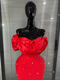Red Color Women Sexy Off the Shoulder Beading Bodycon Long Bandage Dress Celebrate Fashion Evening Party Wedding Outfit