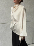 Elegant folds Women Shirts stand collar long Sleeve loose shirt for Office Business Banquet Wear Fashion autumn new