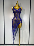Sparkly Crystal Diamond Gold Sexy See-Through Sheath Dress Nightclub Performance Custome Stage Wear Birthday Evening Party Dress