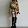 Retro Drew-string Jackets Women's Loose Full Sleeves Buttons Zipper Pockets Lapel Coats 2026 New Ladies Autumn Solid Outwear