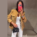 Vintage Waist Cinched Women's Suede Jacket Stand Collar Long Sleeve Single Breasted MilitaryJackets 2026 Autumn Lady Chic Coats