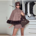 Women Plaid Fur Trim Cape Mini Skirt Set High Neck Checkered Shawl Coat Short Skirt Two Piece Outfit 2026 Autumn Elegant Suit