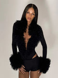 Patchwork Plush Bodysuits Women Deep V-Neck Sexy Autumn Winner Style Skinny Fashion Elasticity Midnight Streetwear