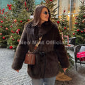 Winter Hot Brown Belted Faux Fur Coat Women Thick Warm Long Fox Fur Jacket Chic Brand Fashion Girls Furry Overcoat