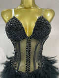 Luxury Sparkly Rhinestones Feathers Long Tail Dress Sexy Mesh Transparent Stage Bodysuit Evening Party Celebrate Birthday Dress