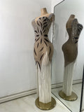 Sparkly Rhinestones Fringes Mesh See Through Maxi Dress Women Elegant Gowns Stage Night Club Celebrate Performance Costume