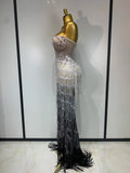 Women Sexy Strapless Rhinestone Tassels Maxi Long Dress Luxury Birthday Party Bar Nightclub Celebrity Stage Performance Outfit