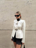 White Contrast Faux Leather Collar Blazer Women Buckle Belt Waist Slim Fit Long Sleeve Stand Neck Ins Party Fashion Outerwear