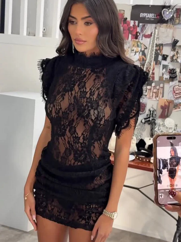 Chic Lace Patchwork Pleated Mini Dress Women Elegant Half-high Collar Sleeveless Cinched-waist Dresses 2026 Spring Lady Vestidos