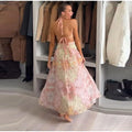 Sexy V-neck Halter Backless Printed Long Dress Women Sleeveless Lace Up High Waist Slim A-line Maxi Dress Lady Chic Casual Dress