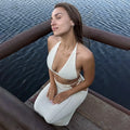 Women 2 Piece Set Sexy Halter Sleeveless Triangle Bra Crop Top Hollow Maxi Skirt Set Slim Knit Summer Beach Vacation Set