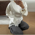 Women Lace Patchwork Satin Top Solid O-neck Back Lace Up Slim Irregular T-shirts Pullover Female Spring Daily Casual Outwear