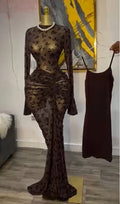 Fall Women Long Sleeve Stacked Mesh See Though with Lining Bodycon Long Dress Evening Birthday Sexy Party Dresses