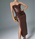 Sexy Leather Red Long Dress Women's Luxury Off Shoulder Corset Bandage Dresses Evening Party Burgundy Wedding Guest Brown Black
