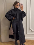 Stylish Solid Stand Collar Button Front Loose Maxi Trench Coat Batwing Long Sleeve Outerwear Women Autumn Daily Office Wear New