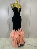 Sexy V Neck Black Bodycon Mermaid Bandage Long Dresses With Pink Ruffles Women Birthday Party Prom Gown Celebrities Eveing Dress