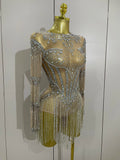 Full Sparkly Rhinestone Chain Sexy Mesh See Through Bodysuit Women Luxury Birthday Party Performance Dance Nightclub Stage Wear