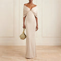Apricot Elegant Draped Bodycon Maxi Dress for Women Off The Shoulder Ruched Accent Evening Skirt for Wedding Guest Occasions