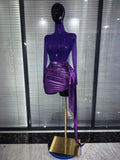 Purple Color Women Long Sleeve Shining Rhinestones Mesh See Through Bodycon Mini Dress Draped Celebrate Nightclub Party Outfit