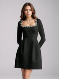 Elegant Mini Square Collar Diamond Evening Dress Short A-Line Long Sleeves White Pocket Princess Prom Gowns 2024 New