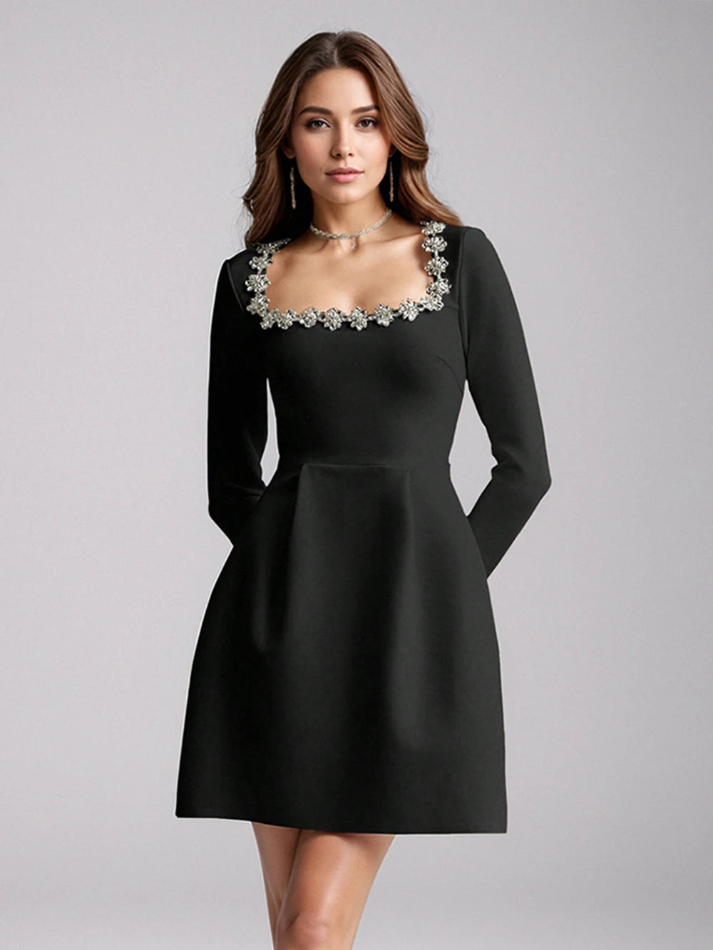Elegant Mini Square Collar Diamond Evening Dress Short A-Line Long Sleeves White Pocket Princess Prom Gowns 2024 New