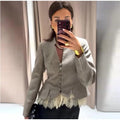 Spliced Lace Hem Jacket Elegant Long Sleeve V-neck Waisted Contrast Lace Bottom Design Casual Coat Autumn Fashion Retro Jackets