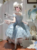 Olivegirl Summer Lolita Dress Women's High-end Embroidery Evening Mini Dress Slach Shoulder Blue Bar Mitzvah Princess Dress