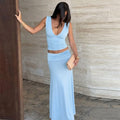 Chic Light Blue 2 Piece Outfit Women Deep V Neck Sleeveless Ruched Crop Top Low Waist Flowy Maxi Skirt Suit Party Matching Sets