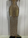 Luxery Sparkly Rhinestones Tassel Transparent Mesh Stretch Long Dress Women Evening Celebrate Birthday Dress Sexy Stage Costumes