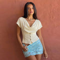 Women Summer Top Fashion Button-Front Patchwork V-Neck Pleated Fitted Top New Casual High-Street Party Female T-Shirts