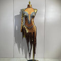 Sexy Leopard Print Stretch Dress Women Sparkly Rhinestones Tassel One Shoulder Latin Dance Outfits Nightclub Party Stage Costume
