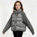 Women Cropped Puffer Jacket Stand Collar Cable Knit Sleeves Patchwork Zip Up Lightweight 2026 Lady Quilted Winter Warm Outerwear