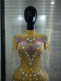 Gold Full Diamond Tassel Short sleeved Dress Wrapped Hip Short Skirt Female Model Singer Fashion Performance Dress