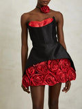Sexy Party Spliced 3D Rose Dress for Women Strapless Sleeveless High Waist Hit Color Tutu Dresses with Necklace Female New