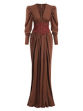 Women Brown Beaded Corset Design Maxi Dress V Neck Long Sleeves Waist Cinching Slim Dresses Fashion Evening Party Gowns
