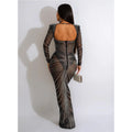 Open Back Glitter Sheer Mesh Party Maxi Dress for Women Fashion Full Sleeve Bodycon Sexy Club Long Evening Dress Vestidos