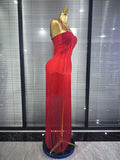 4 Colors Women Sexy Strap Shining Beading Long Tassles Bodycon Long Bandage Dress Elegant Evening Party Celebrate Birthday Wear